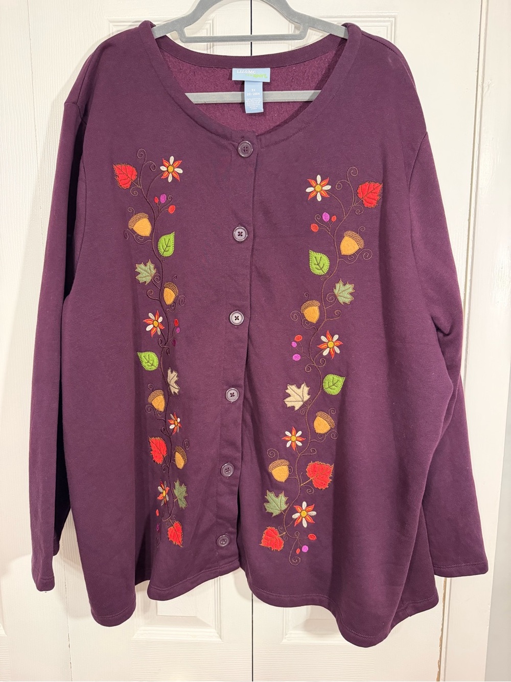 Liz & Me Sport Embroidered Floral Button Front Cardigan 3X Purple